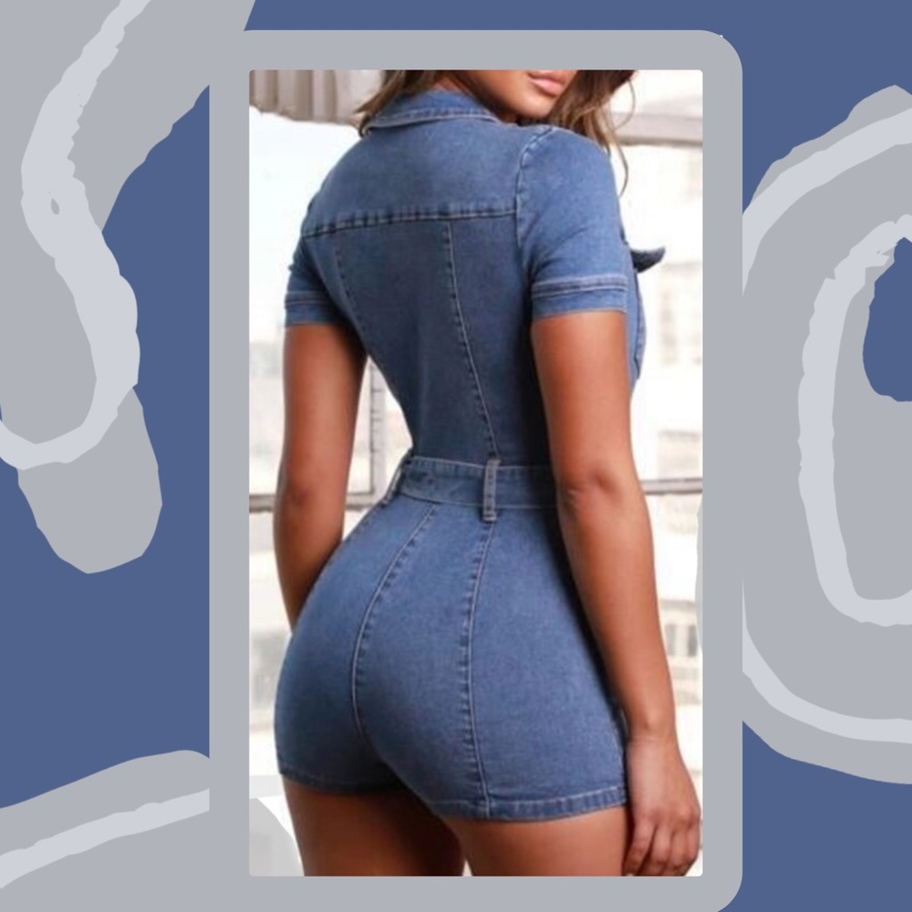 Denim Zipper Front Belted Fitted Romper NWT - Picture 3 of 8